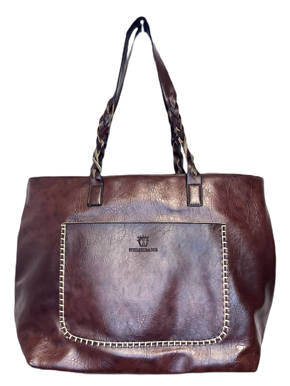 Weimeibaige Braided-Handle Brown Faux Leather Tote w/ Front Pocket Top Stitching